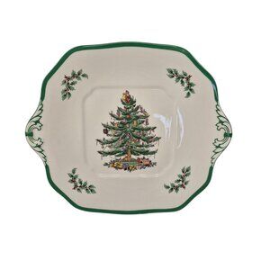 Spode Christmas Tree Handled Cake Plate S3324 R England Green Trim Indent